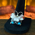 Zuni J Dishta Mother of Pearl Jet Red Coral Turquoise Sterling Butterfly Inlay Ring