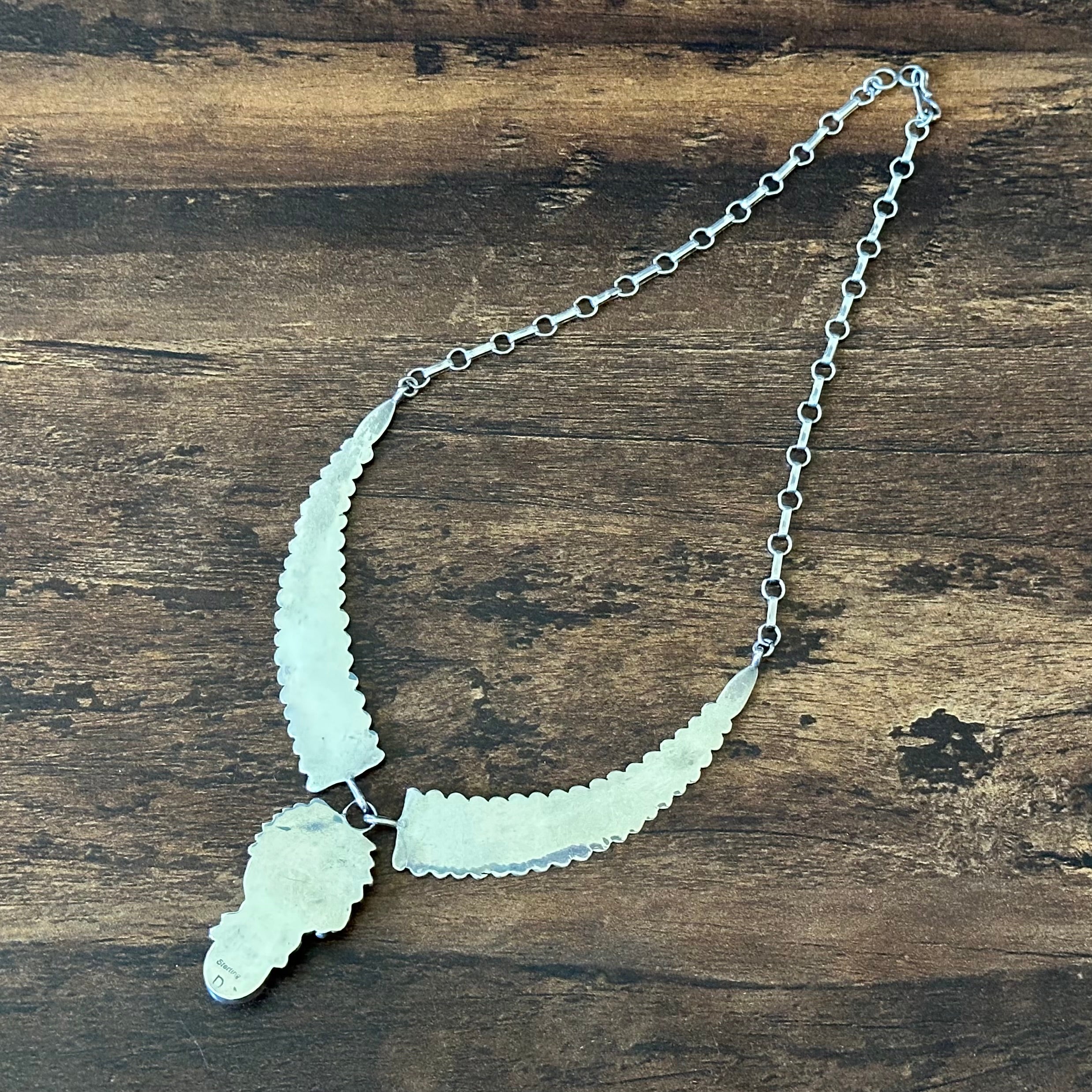 D Signed Turquoise Sterling Hand Stamped Twist Wire Feather Statement Necklace
