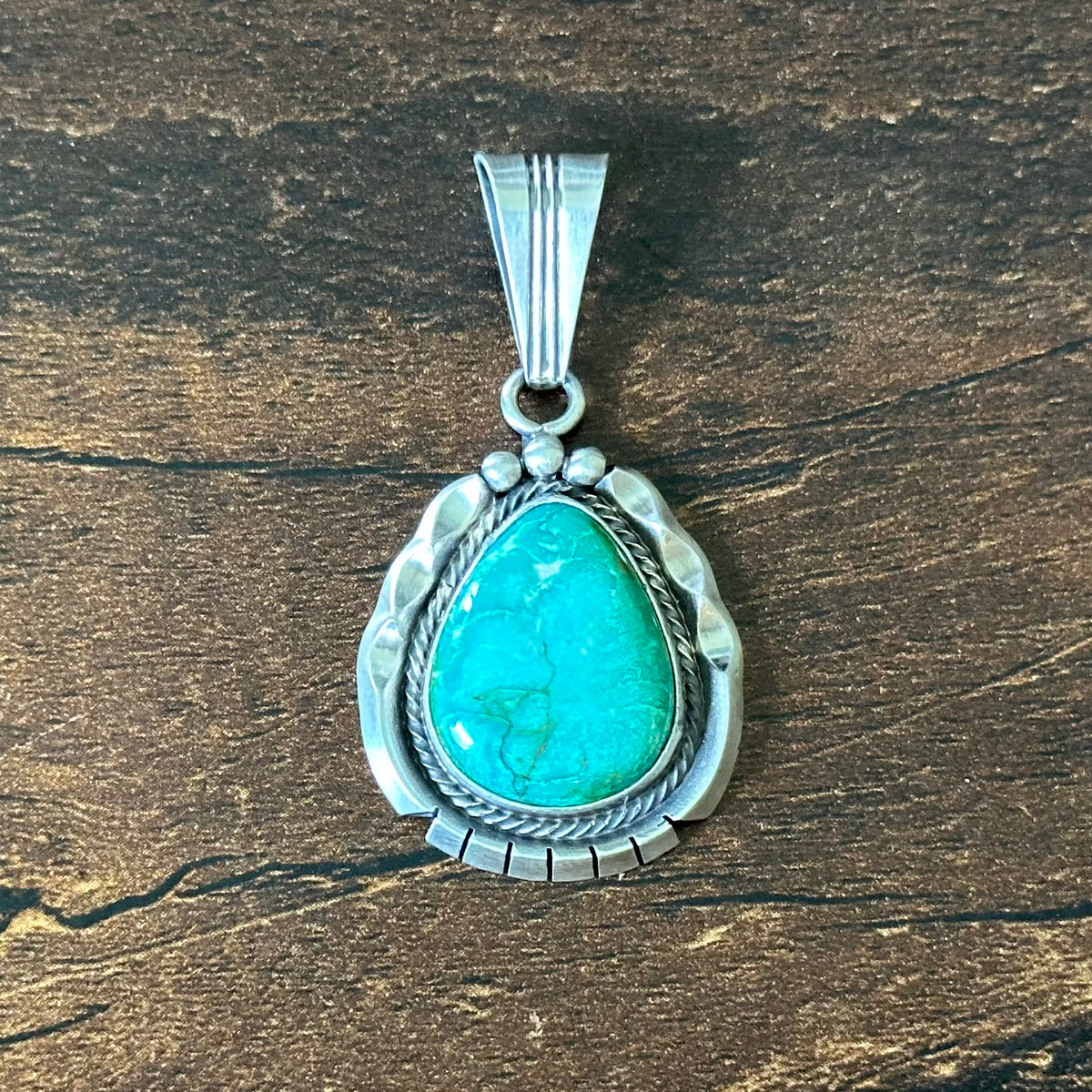 Navajo Samuel Yellowhair Green Turquoise Sterling Twist Wire Bezel Raindrop Pendant