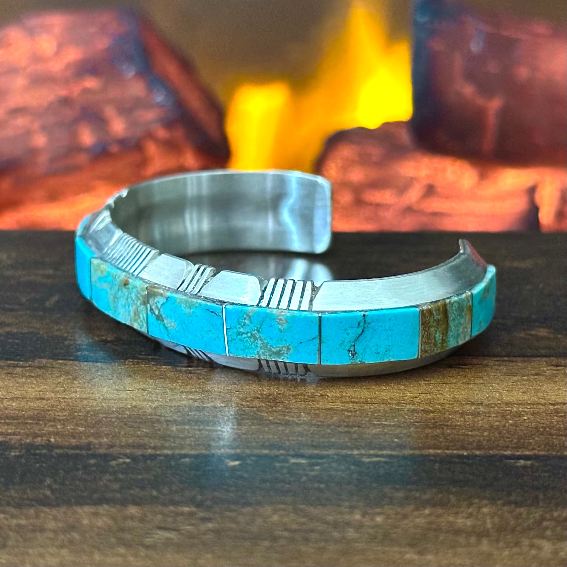 Navajo Steve Francisco Mine #8 Turquoise Sterling Wraparound Inlay Cuff
