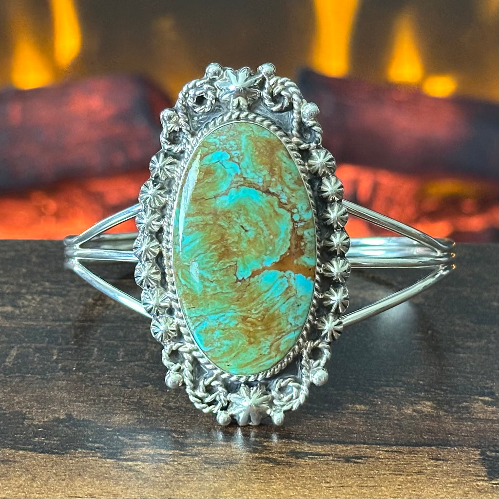 Running Bear Trading Green Turquoise Sterling Twist Wire Bezel Statement Cuff