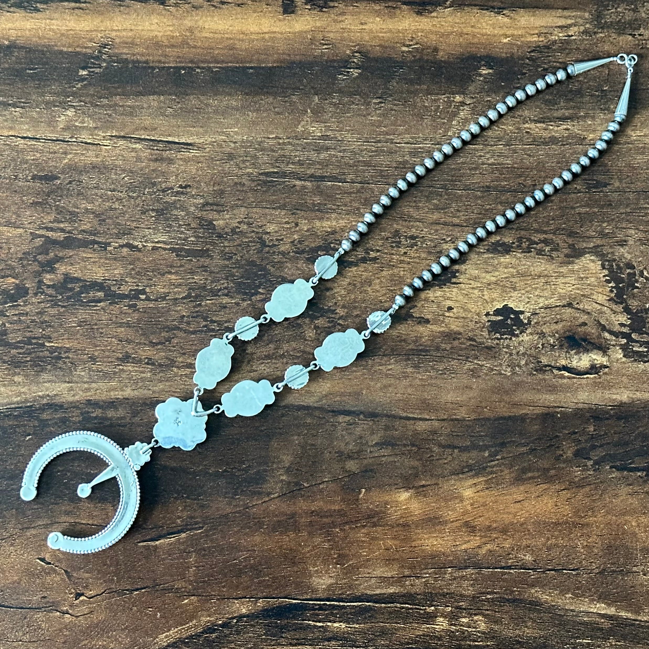 Running Bear Trading Turquoise 5 Stone Sterling Hand Stamped Naja Necklace