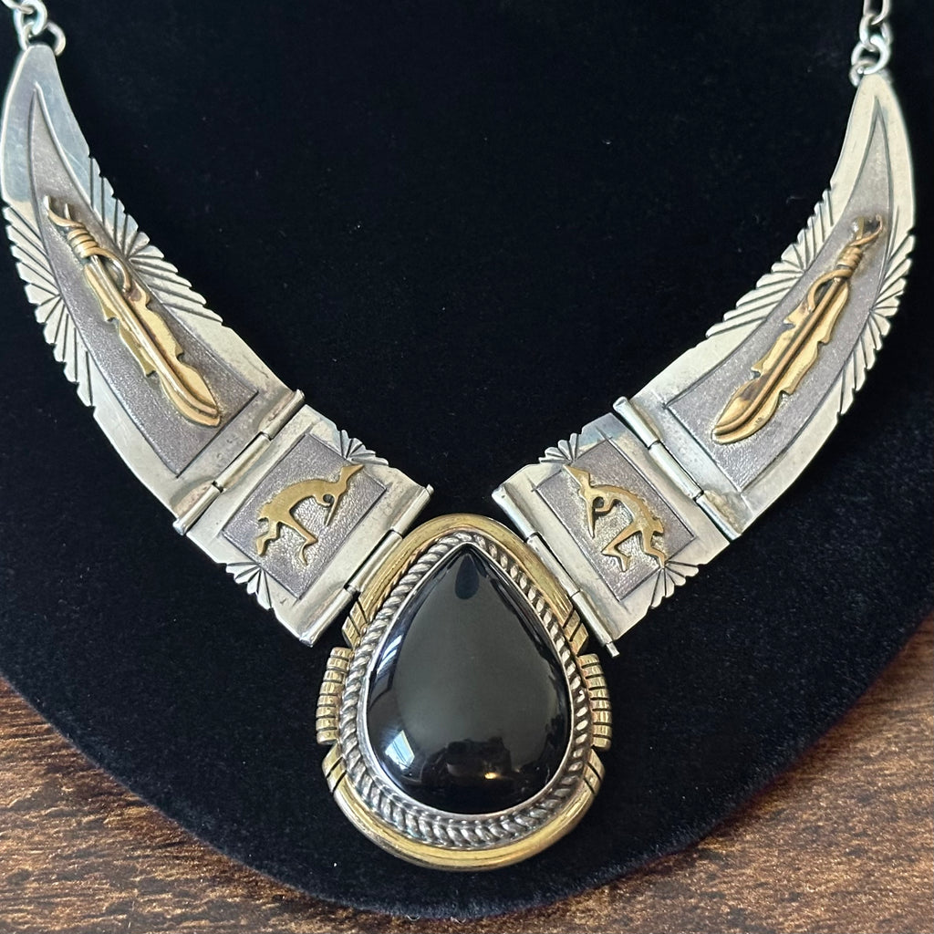 Navajo Lee Bennett Vintage Onyx Sterling 12k Gold Filled Kokopelli Feather Design Statement Necklace