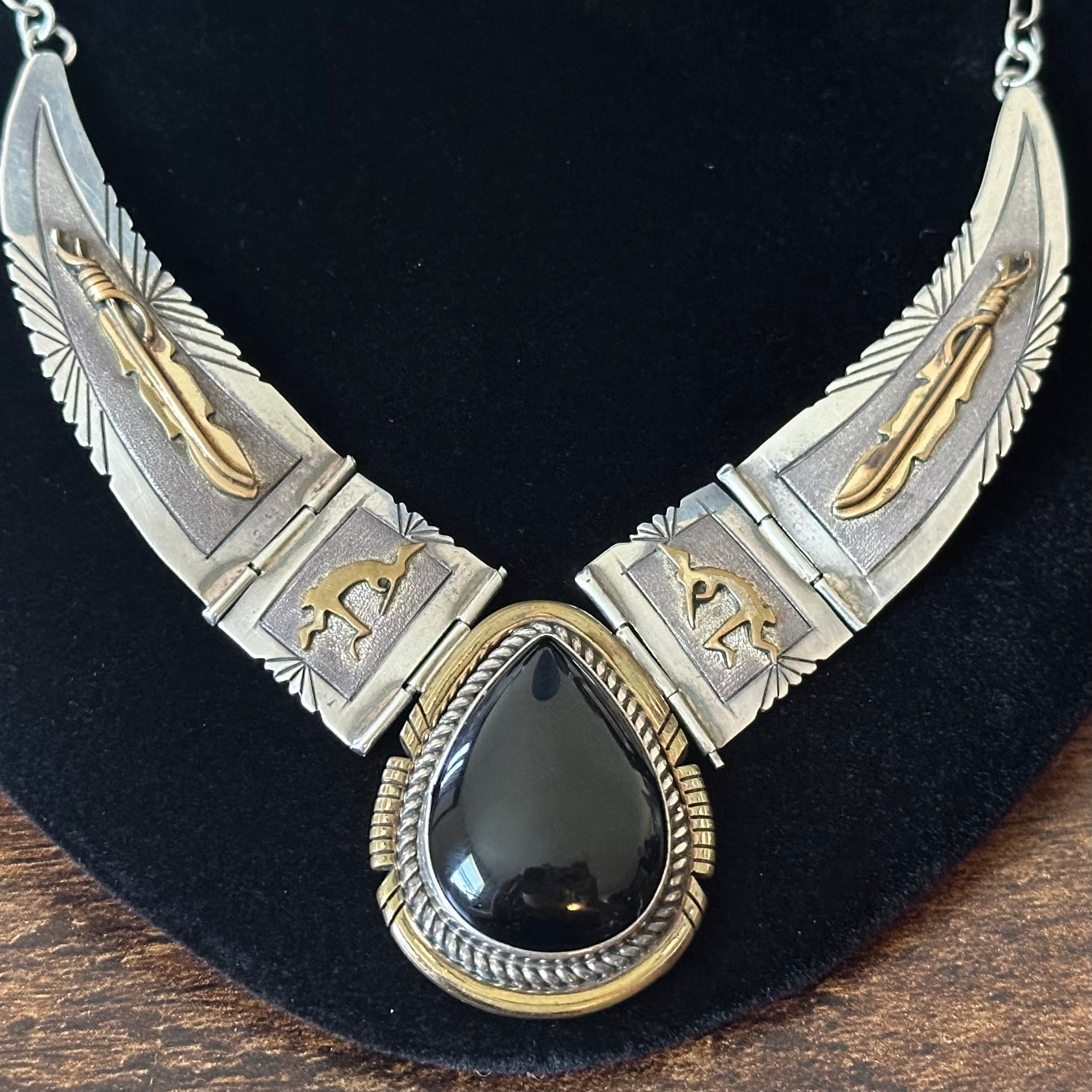Navajo Lee Bennett Vintage Onyx Sterling 12k Gold Filled Kokopelli Feather Design Statement Necklace
