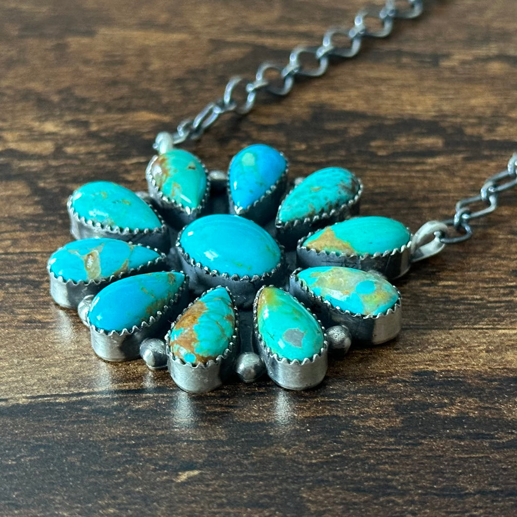 Navajo Debra Smith Kingman Turquoise 11 Stone Sterling Cluster Pendant Necklace