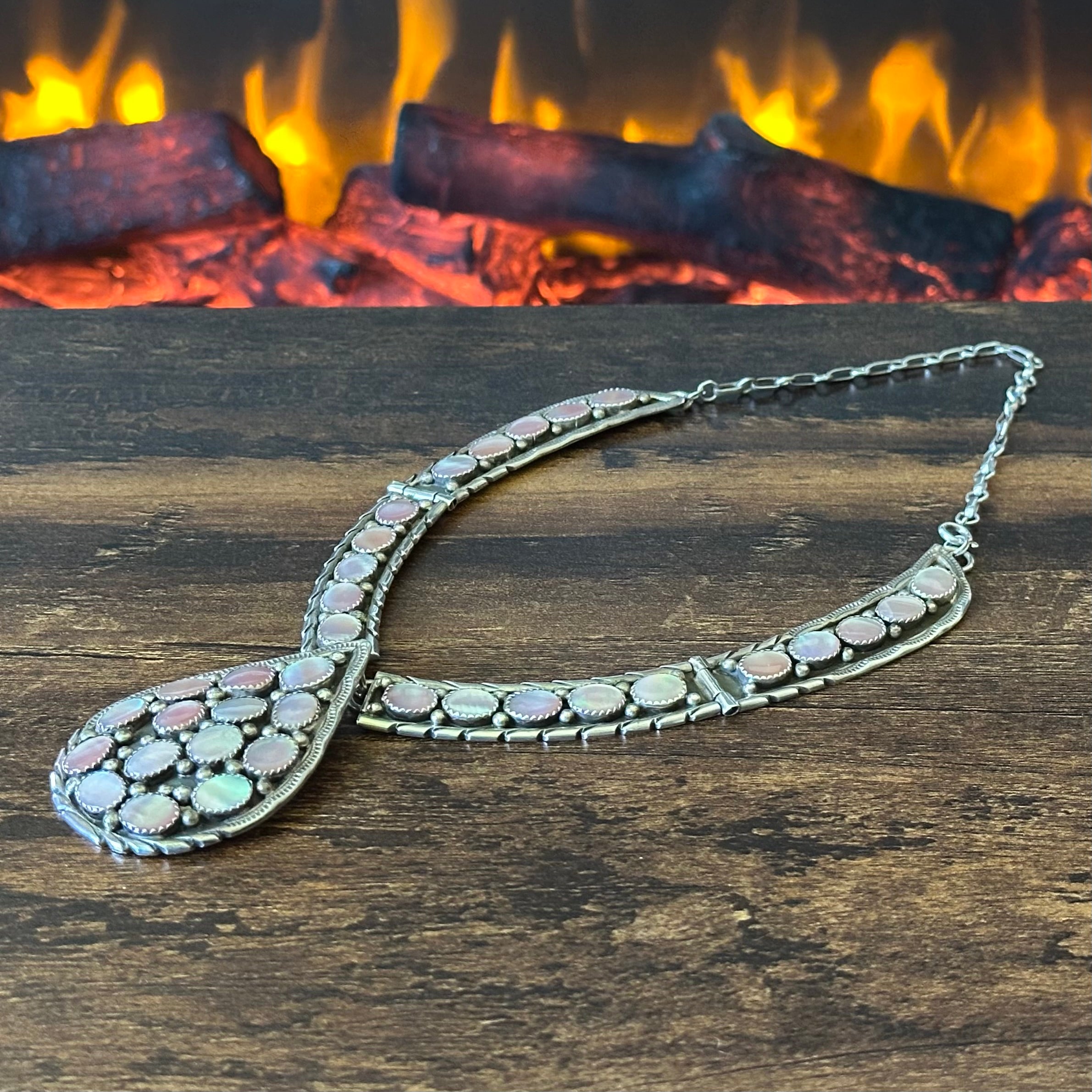 Navajo Carlos Signed Mother of Pearl 34 Stone Sterling Teardrop Cluster Statement Necklace