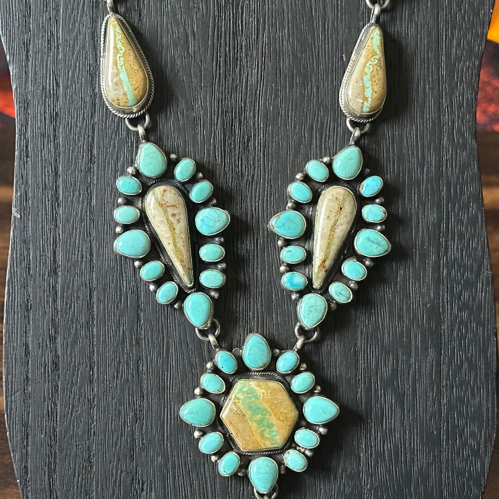 Navajo Sheila Tso Royston Ribbon Turquoise 133 Stone Cluster Lariat Necklace Earrings Set