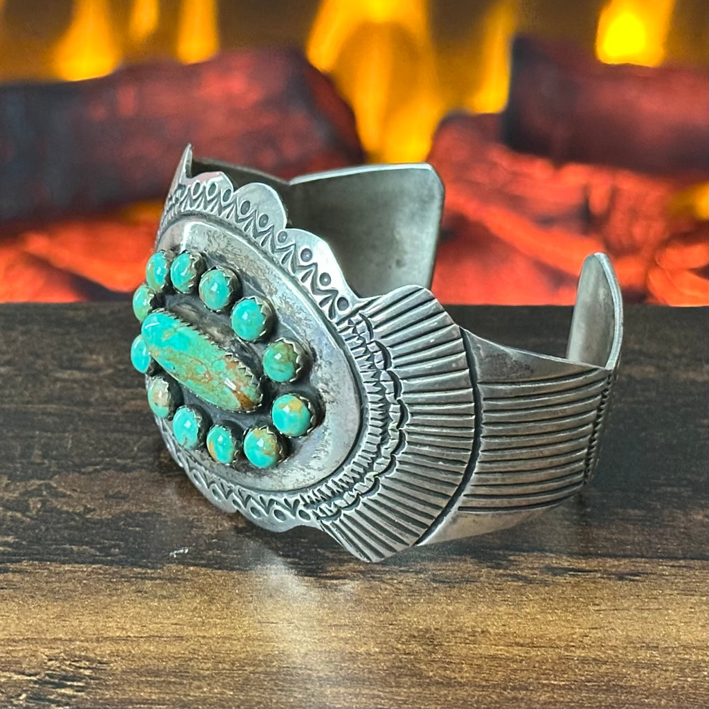 JS Signed Green Turquoise 13 Stone Sterling Hand Stamped Statement Cuff