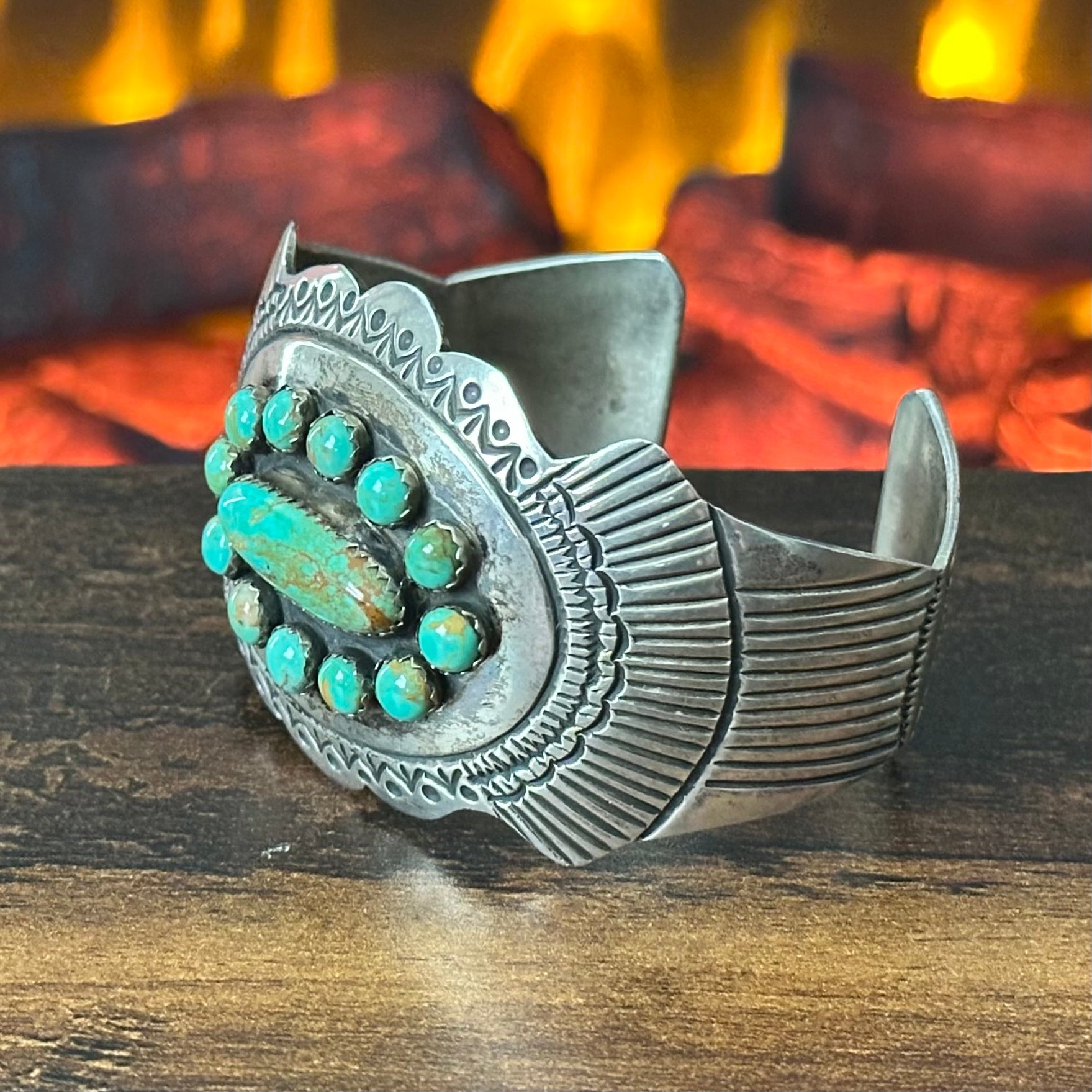 JS Signed Green Turquoise 13 Stone Sterling Hand Stamped Statement Cuff