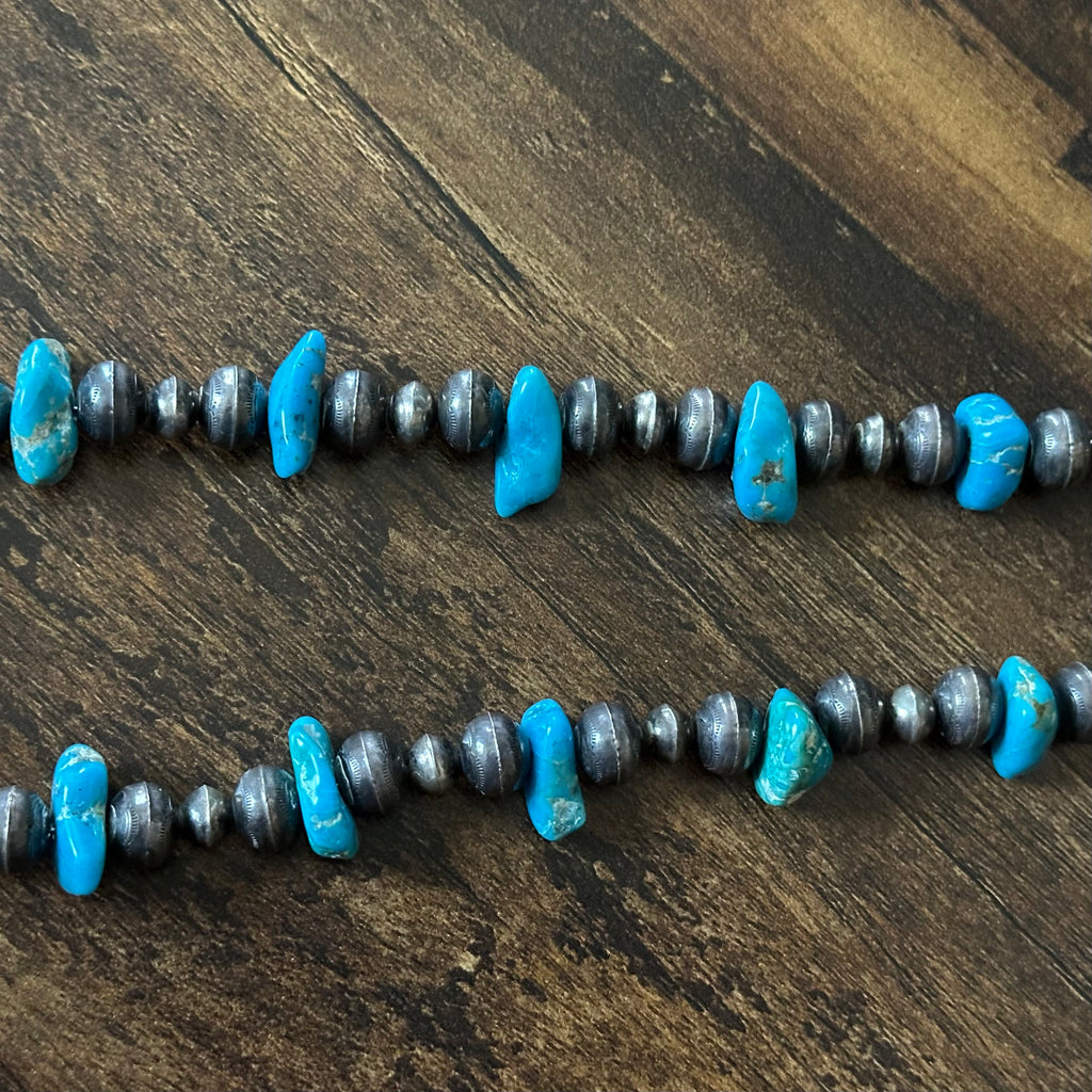 Vintage Turquoise 13 Nugget Sterling Torpedo Bench Bead Necklace