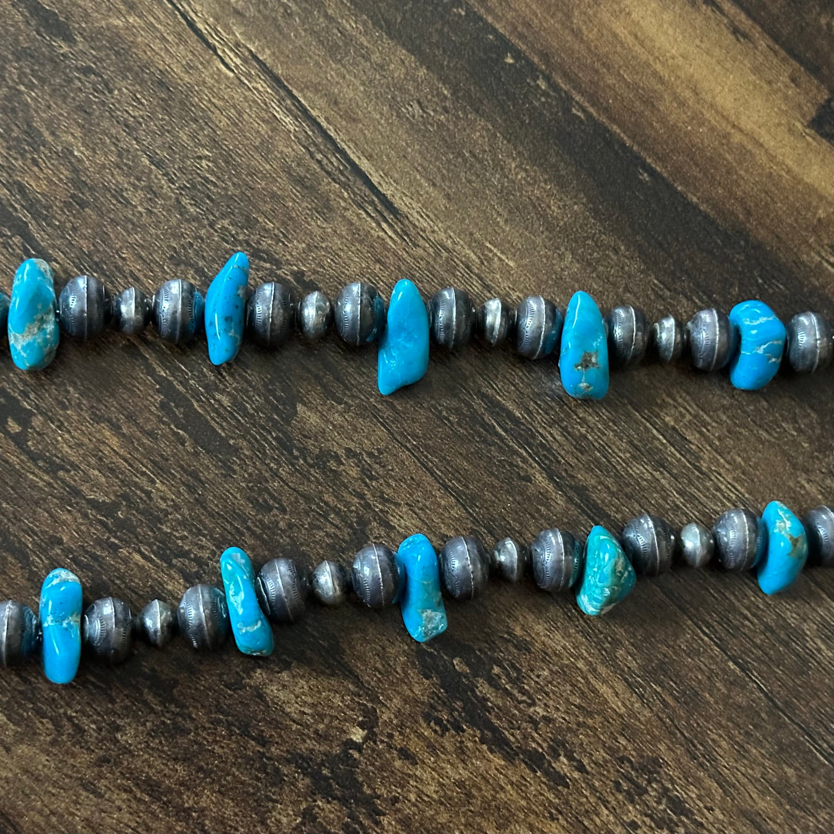 Vintage Turquoise 13 Nugget Sterling Torpedo Bench Bead Necklace