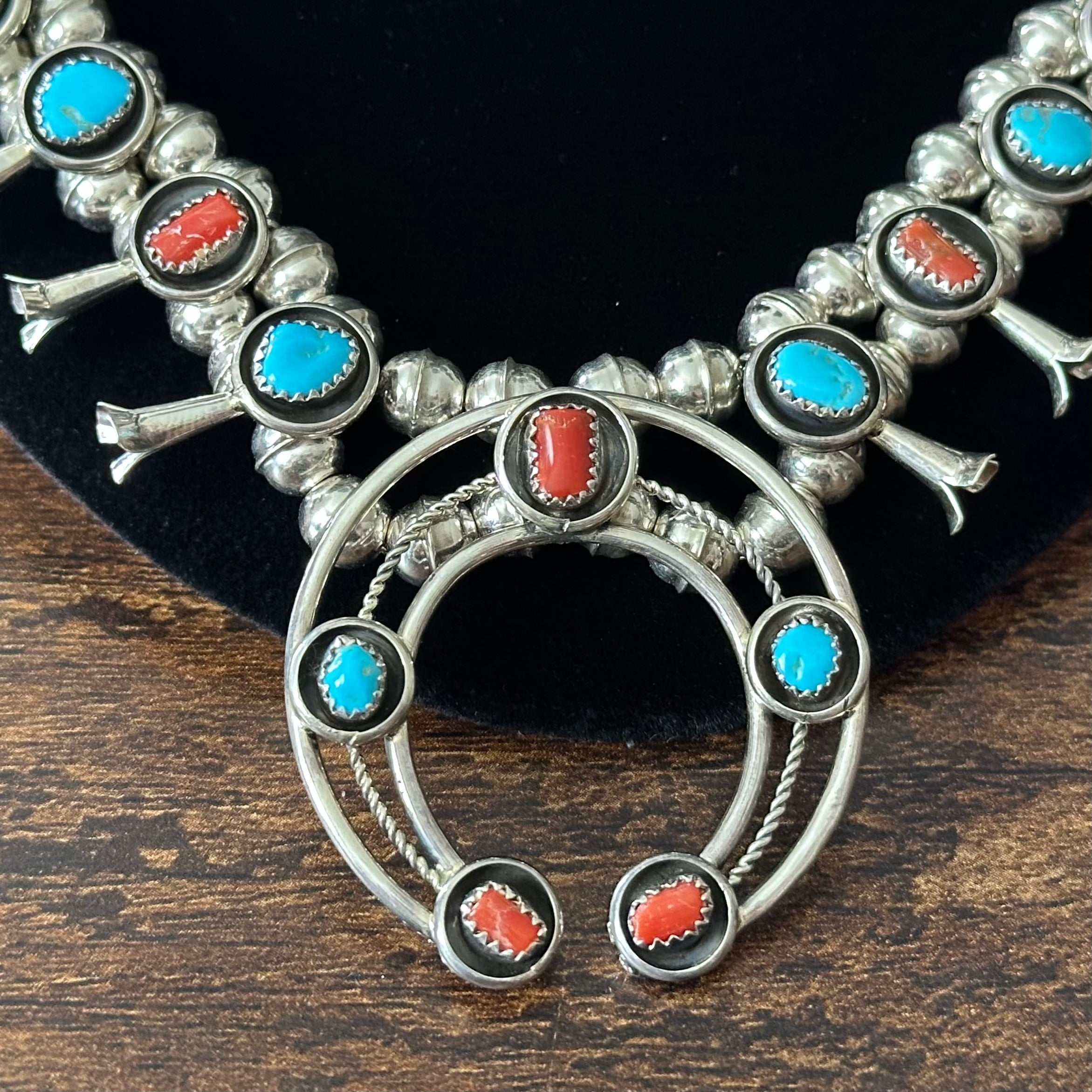 Navajo Phil & Lenora Garcia Turquoise Red Coral 19 Stone Sterling Squash Blossom Earrings Set