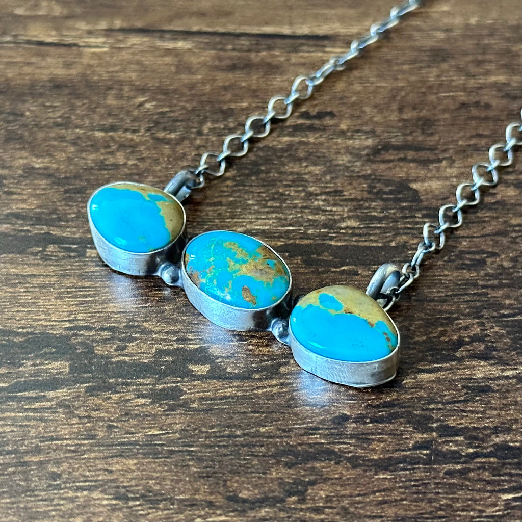 Navajo Robert Martinez Kingman Turquoise 3 Stone Sterling Bar Necklace