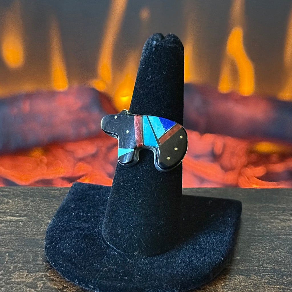 Navajo Gilbert Smith Turquoise Onyx Spiny Oyster Lapis Sterling Bear Micro Inlay Ring