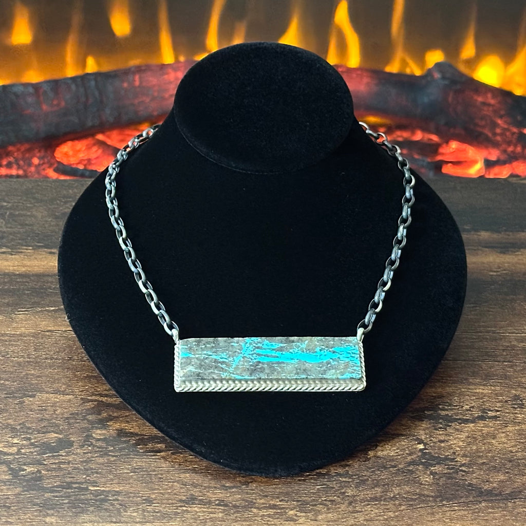 Navajo Brandon Etsitty Mine #8 Turquoise Sterling Bar Statement Necklace