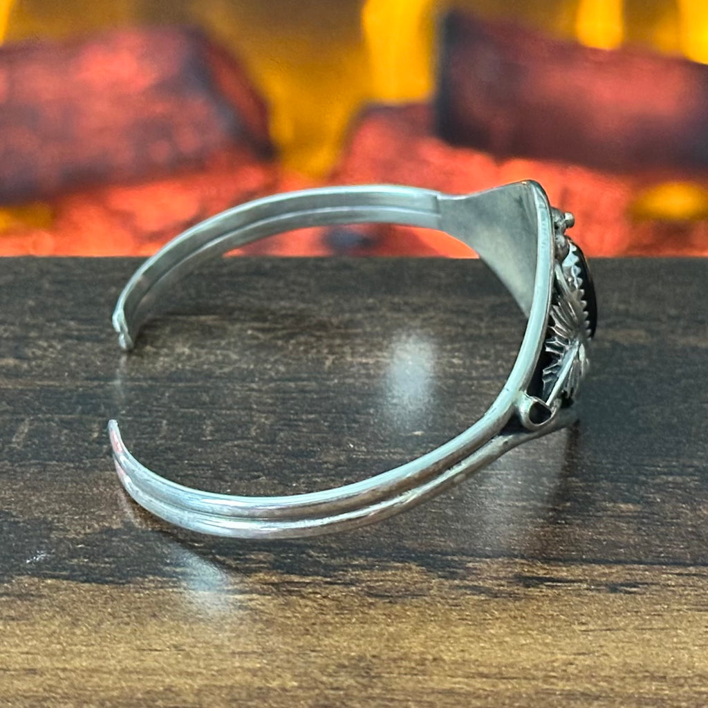 Navajo Harry B Yazzie Onyx Sterling Ornate Leaf Cuff