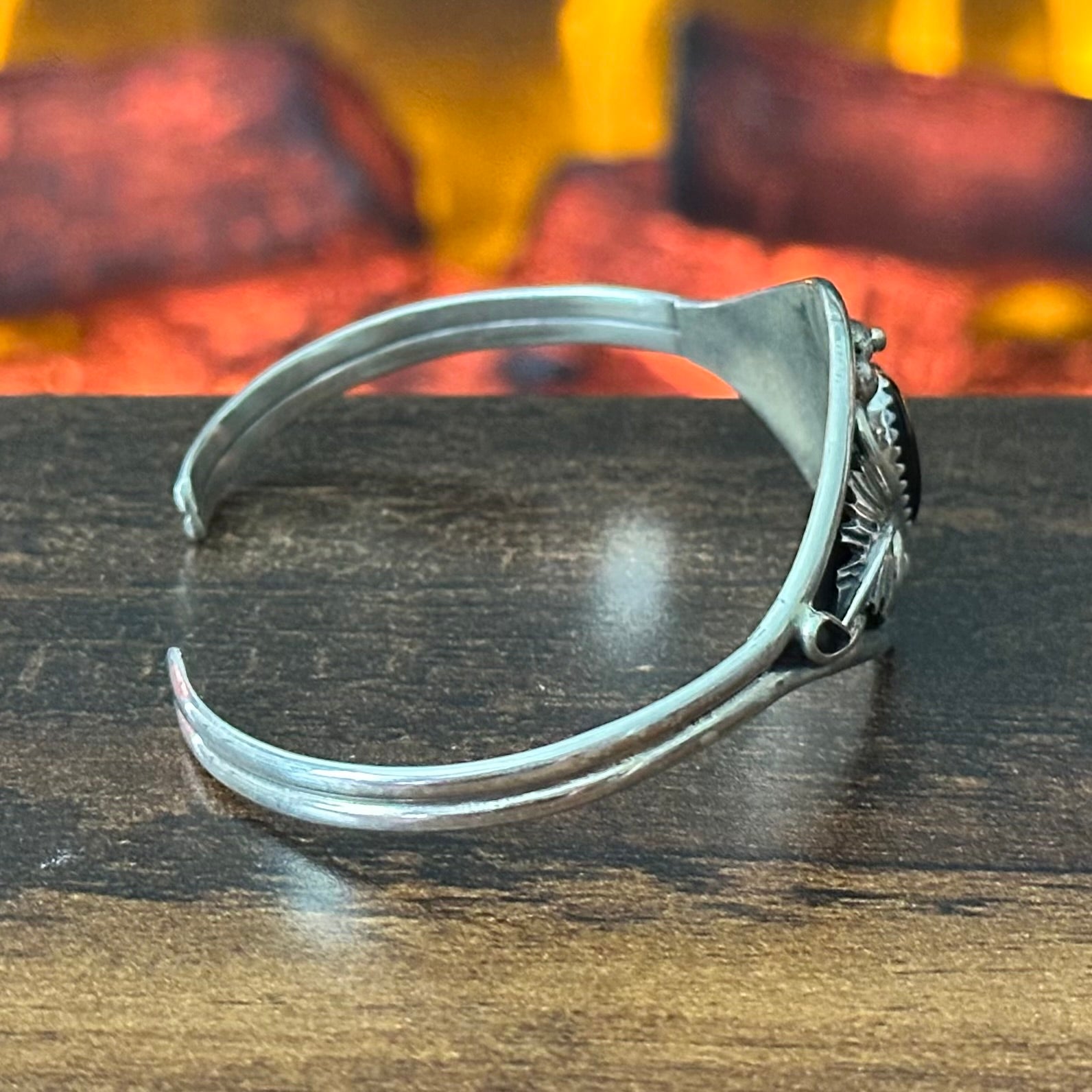 Navajo Harry B Yazzie Onyx Sterling Ornate Leaf Cuff