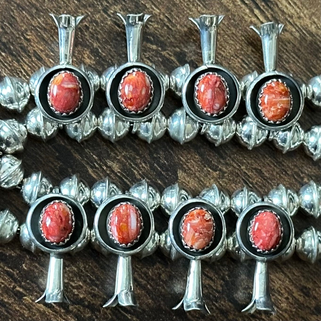 Navajo Phil & Lenora Garcia Red Spiny Oyster 13 Stone Sterling Squash Blossom Earrings Set