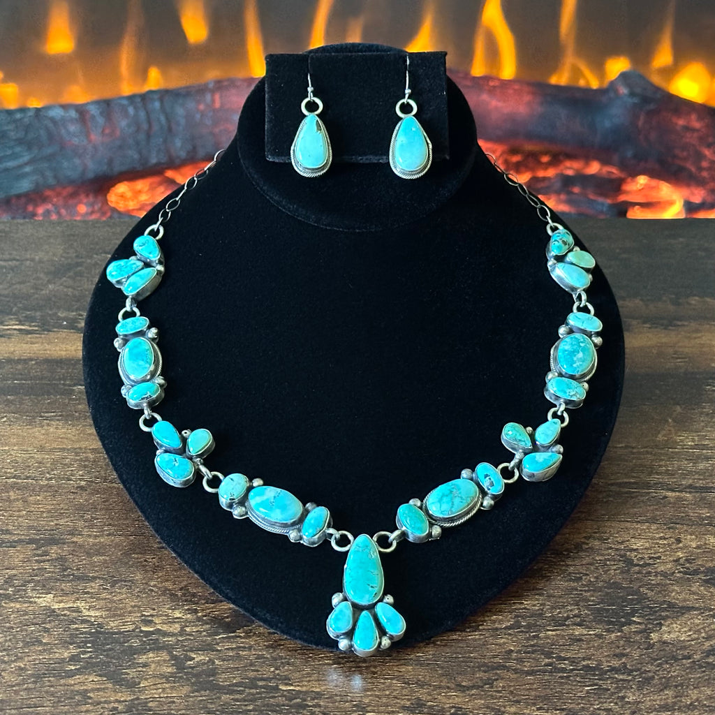 Navajo Kobe Martinez 28 Stone Carico Lake Turquoise Sterling Cluster Lariat Necklace Earrings Set