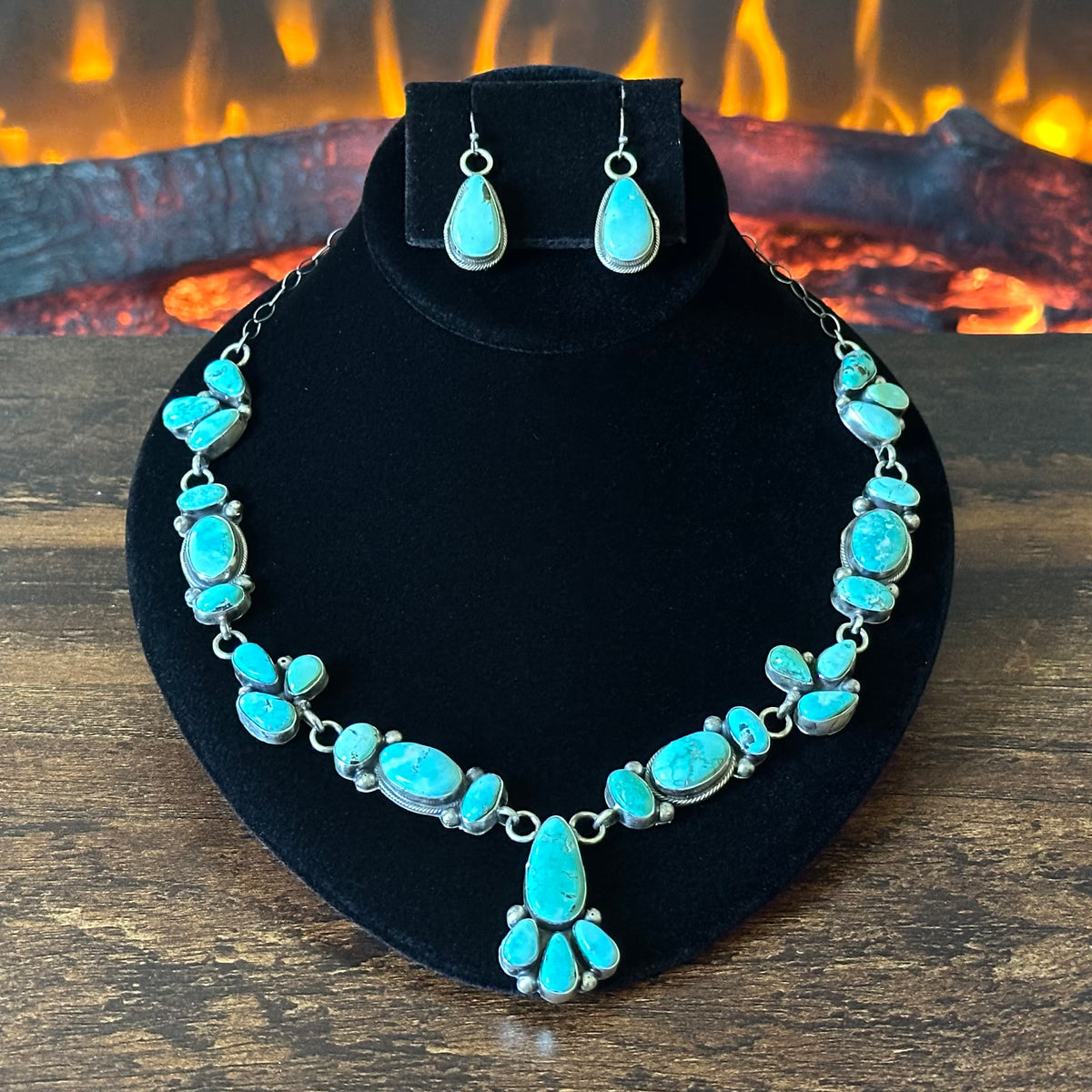 Navajo Kobe Martinez 28 Stone Carico Lake Turquoise Sterling Cluster Lariat Necklace Earrings Set