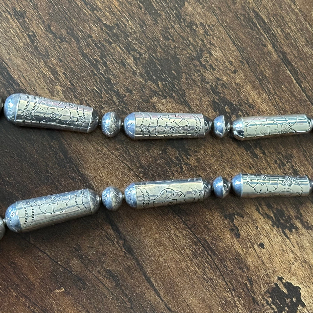 Sterling Handmade Graduated Cylinder Bead Stamped Floral Necklace