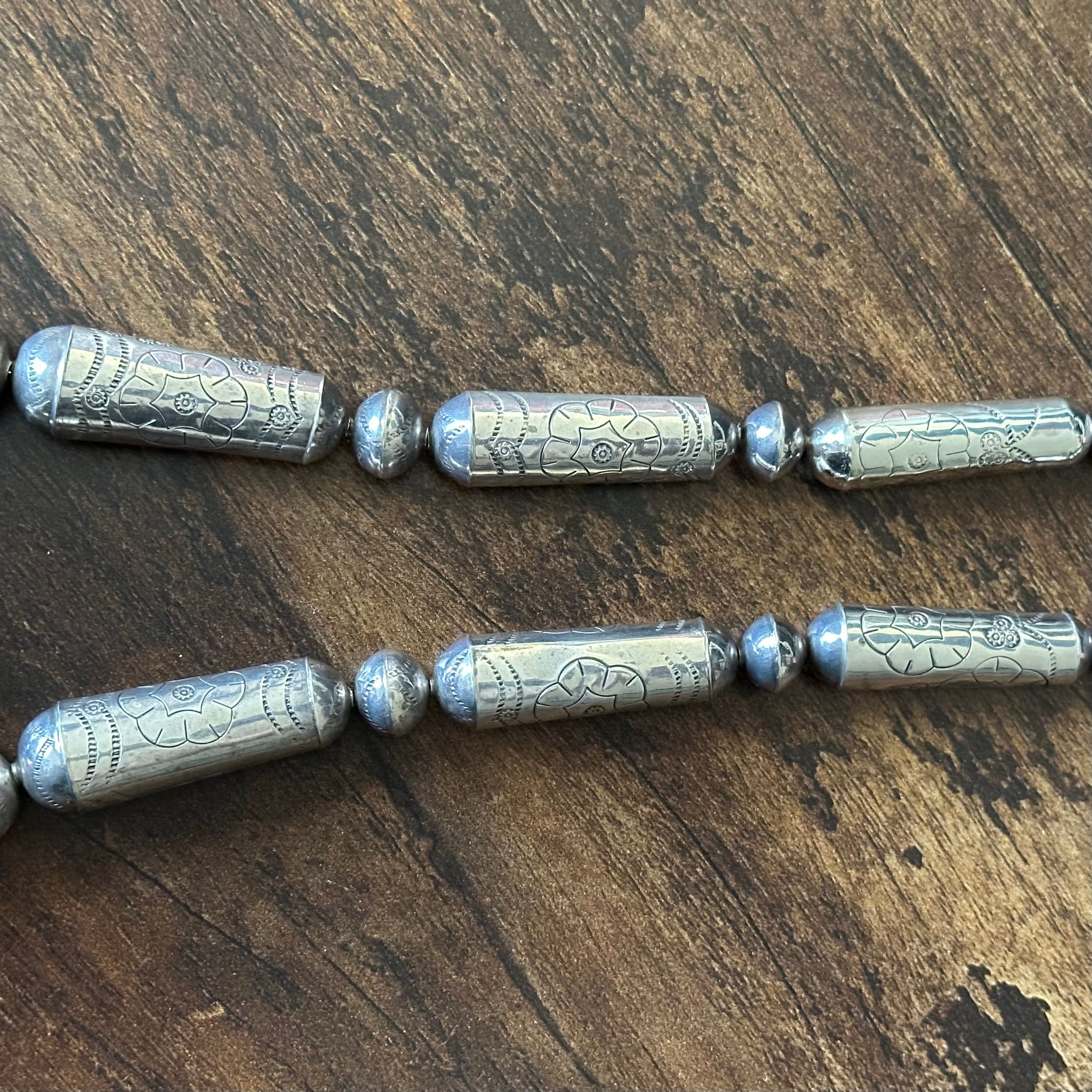 Sterling Handmade Graduated Cylinder Bead Stamped Floral Necklace