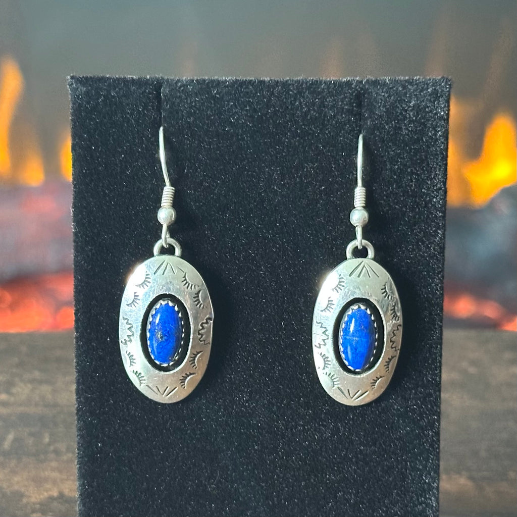 LG Signed Lapis Sterling Hand Stamped Shadowbox Dangle Earrings