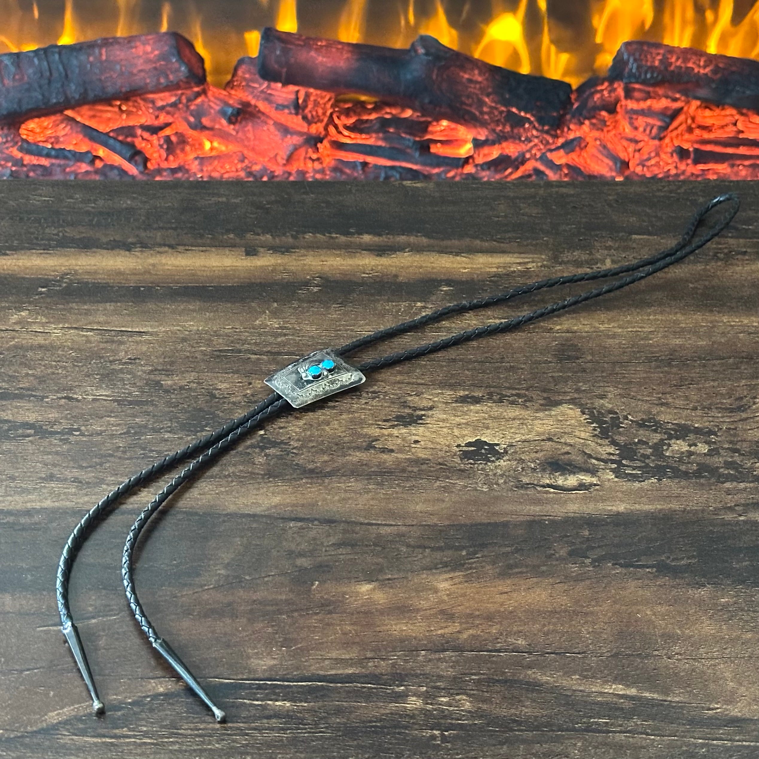 Spencer Signed Turquoise Sterling Hand Stamped Vintage Bolo Tie