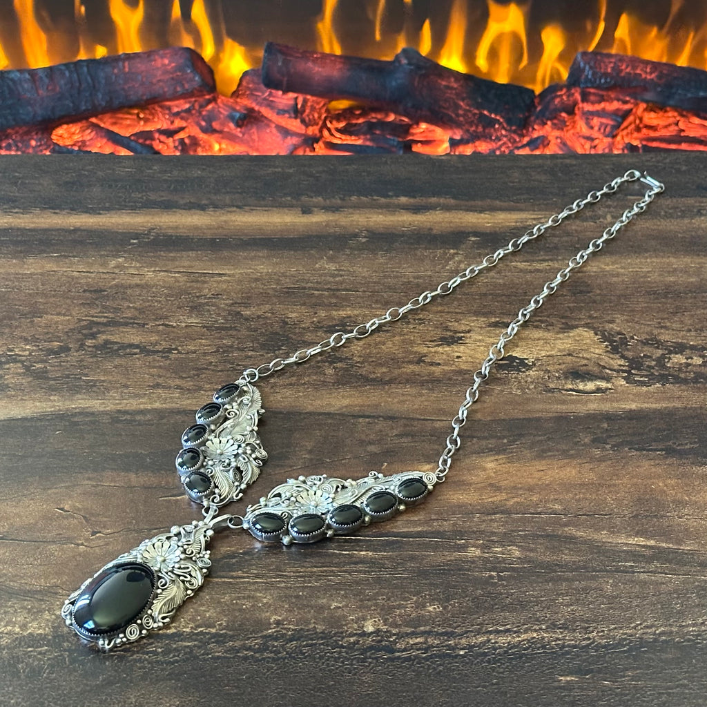Onyx 11 Stone Sterling Floral Feather Ornate Statement Necklace