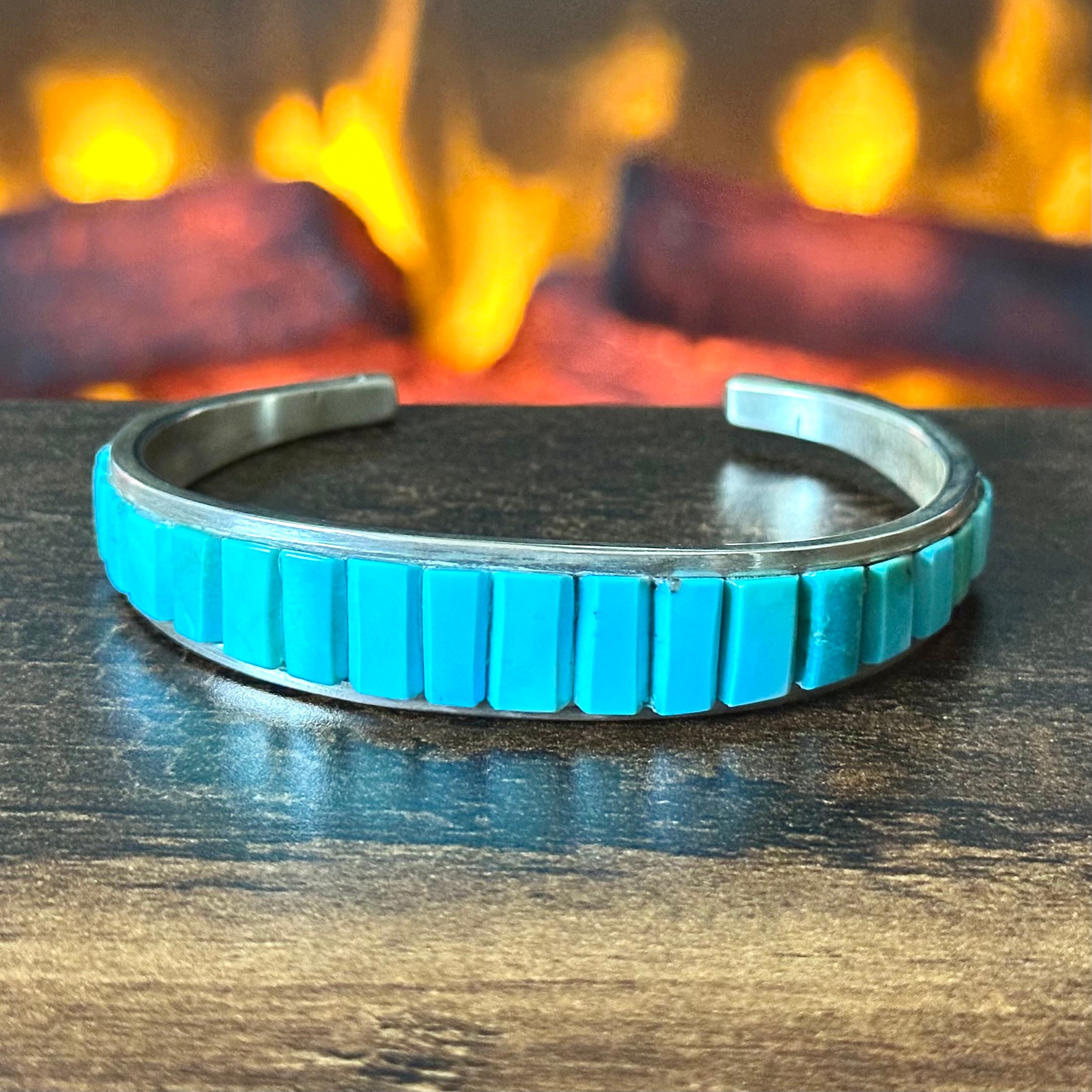 PL Signed Turquoise Sterling Cobblestone Wraparound Inlay Cuff
