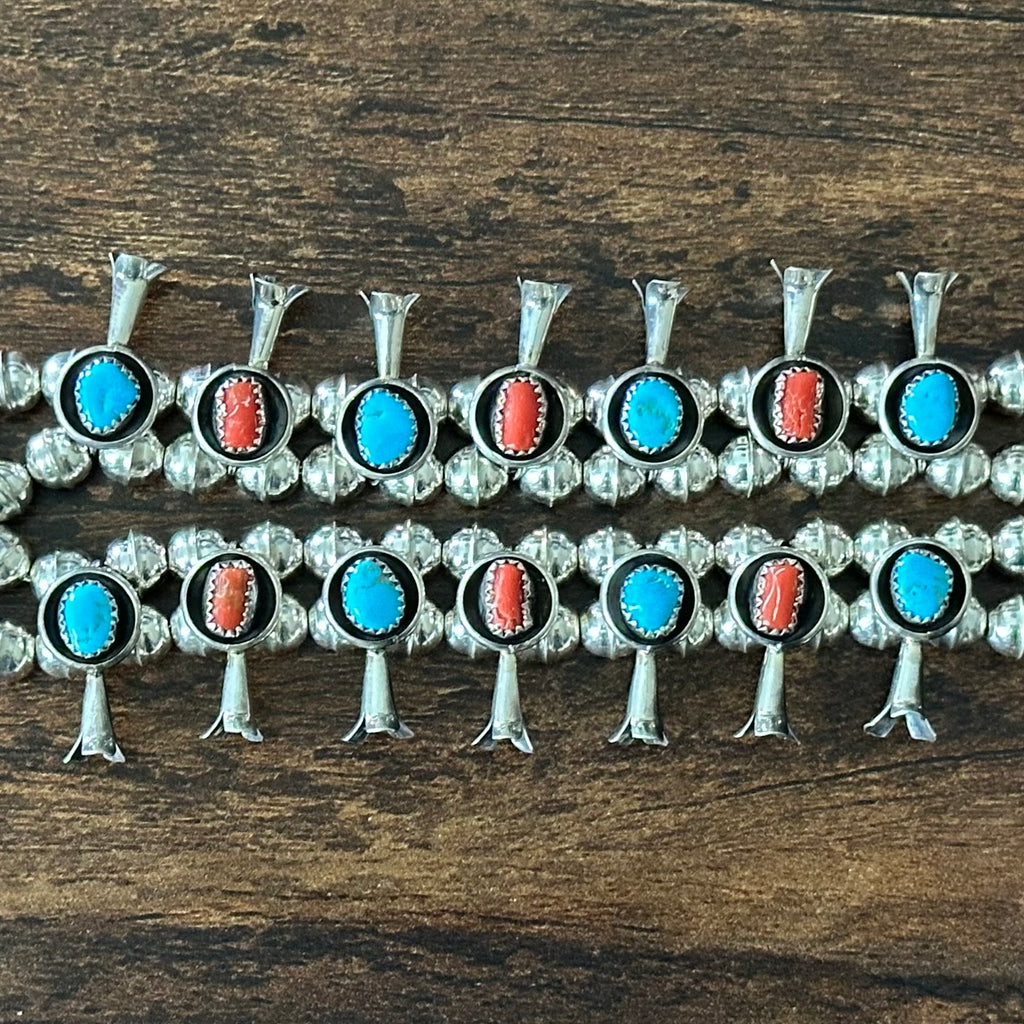 Navajo Phil & Lenora Garcia Turquoise Red Coral 19 Stone Sterling Squash Blossom Earrings Set