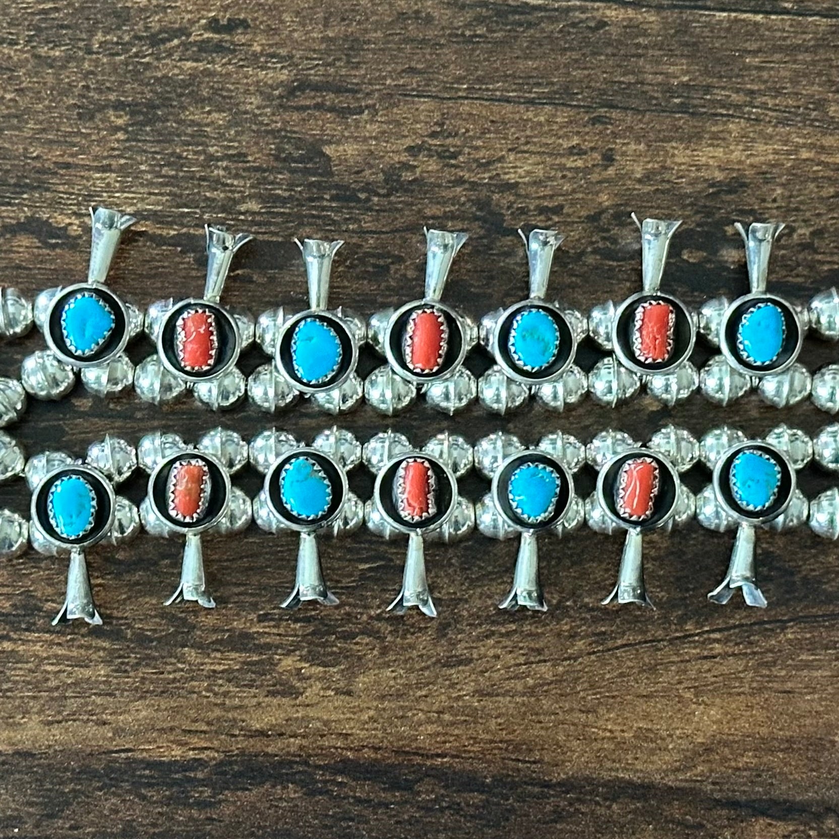 Navajo Phil & Lenora Garcia Turquoise Red Coral 19 Stone Sterling Squash Blossom Earrings Set