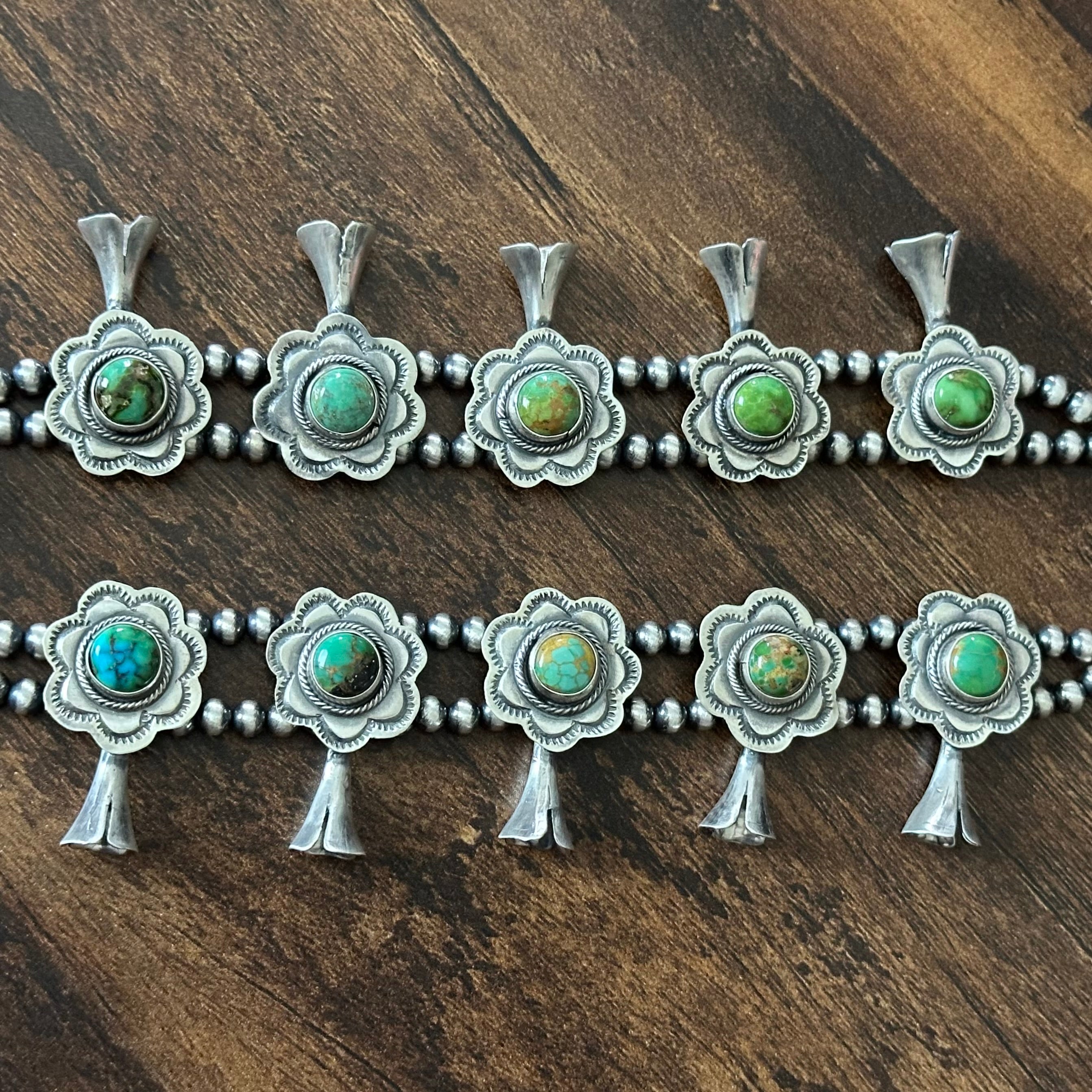 Navajo Danny Henio Sonoran Gold 20 Stone Hand Stamped Squash Blossom Earrings Set