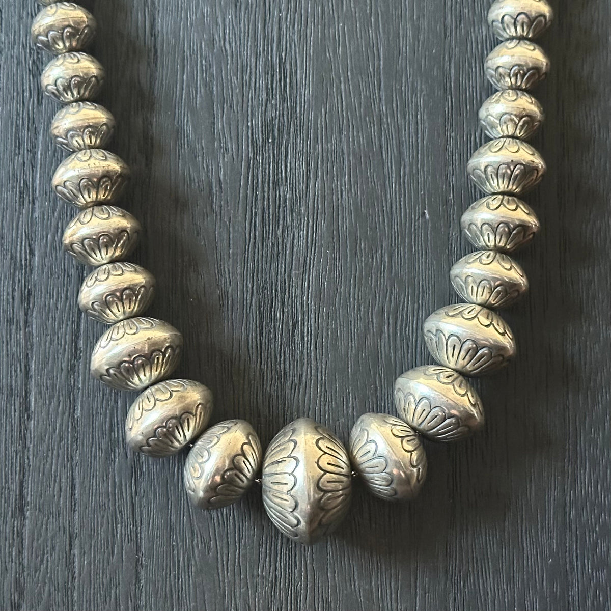 SW Signed Sterling Handmade Graduated Hand Stamped Floral Pearl Necklace