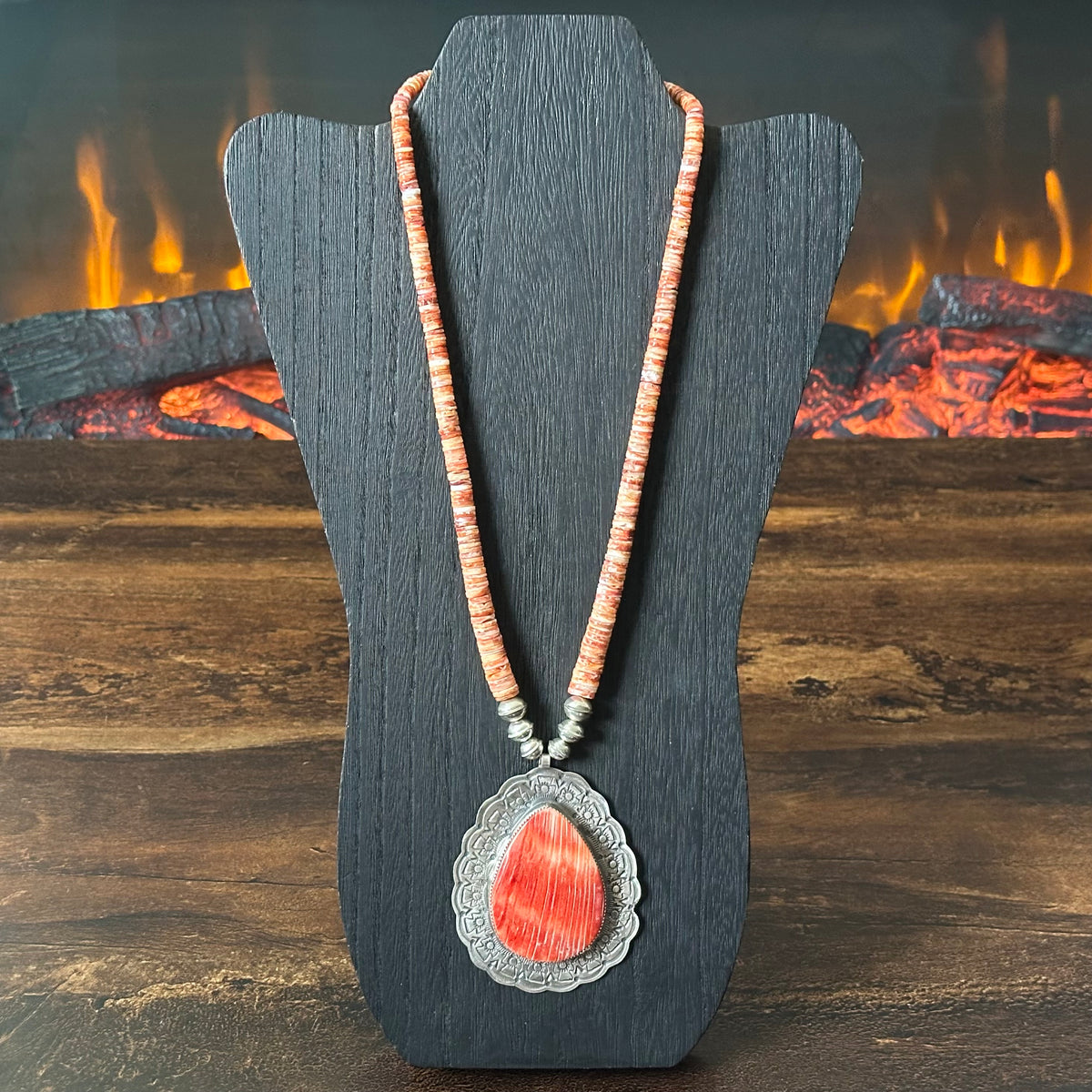 Navajo Tawney Willie Orange Spiny Oyster Sterling Hand Stamped Heishi Statement Necklace
