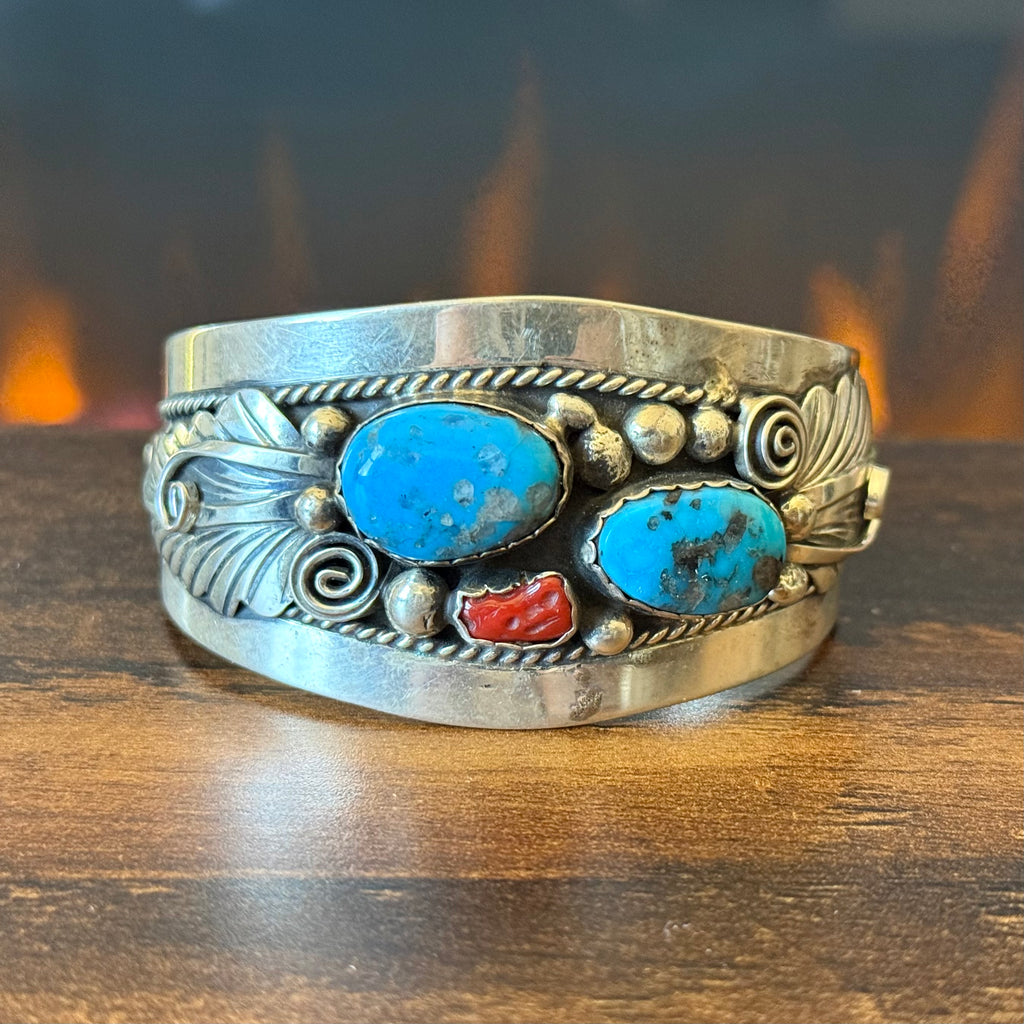 Navajo Wilbur Wauneka Turquoise Red Coral Sterling Ornate Leaf Statement Cuff