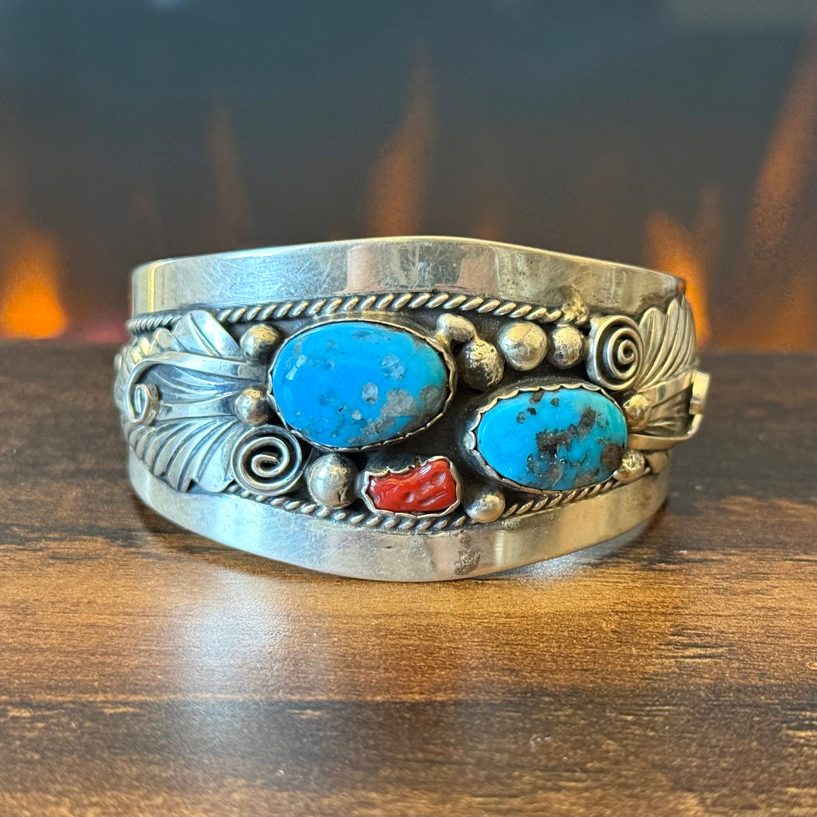 Navajo Wilbur Wauneka Turquoise Red Coral Sterling Ornate Leaf Statement Cuff