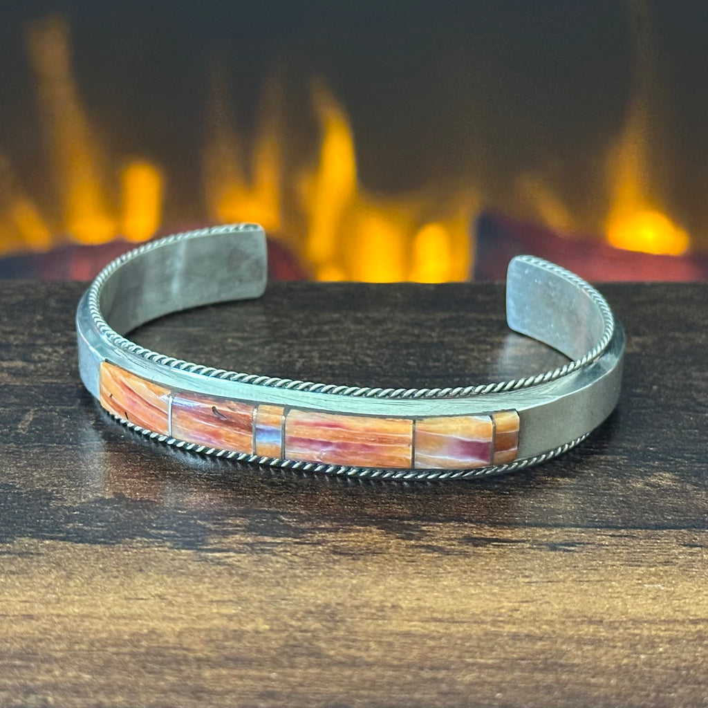 Navajo Francis Yazzie Orange Spiny Oyster Sterling Twist Wire Inlay Stacker Cuff