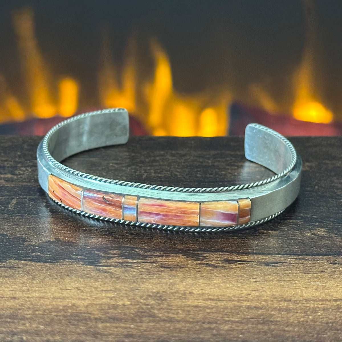 Navajo Francis Yazzie Orange Spiny Oyster Sterling Twist Wire Inlay Stacker Cuff