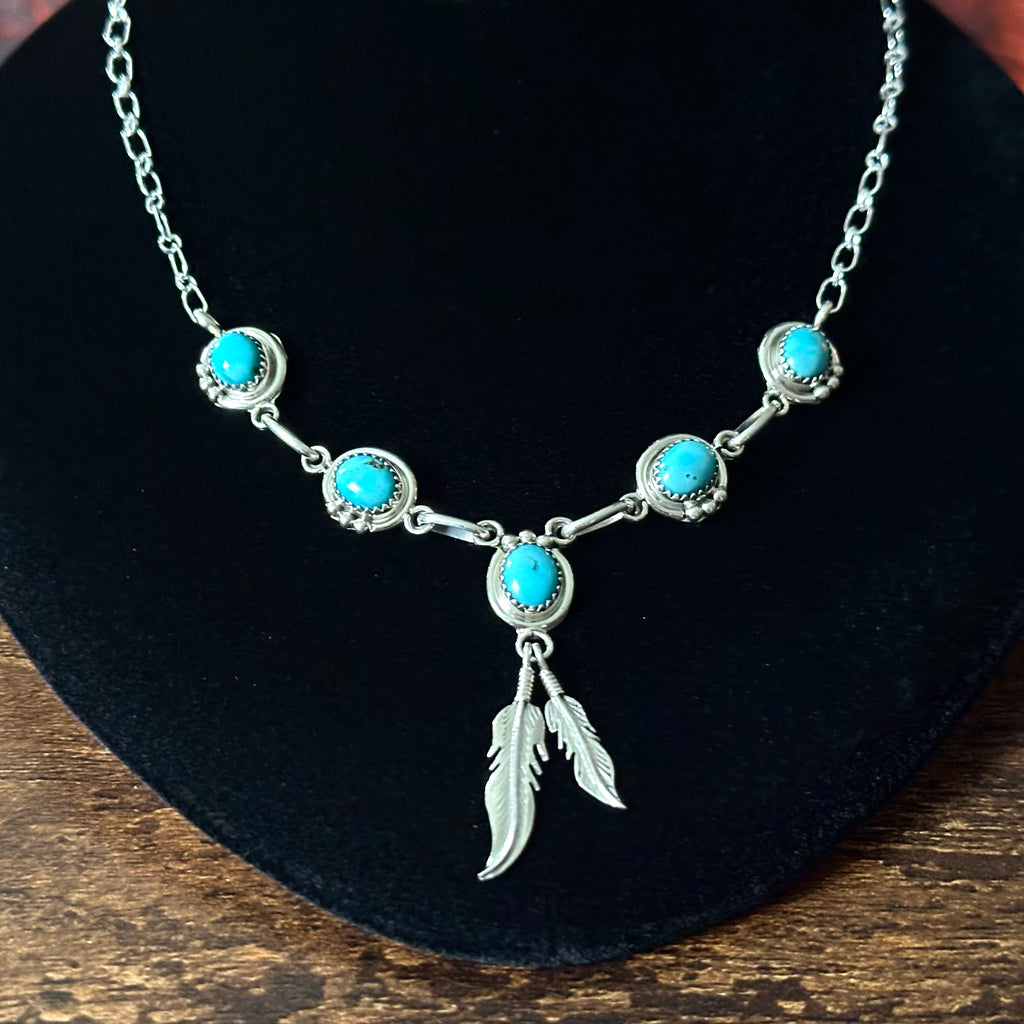 Navajo Verley Betone Turquoise 5 Stone Sterling Feather Necklace