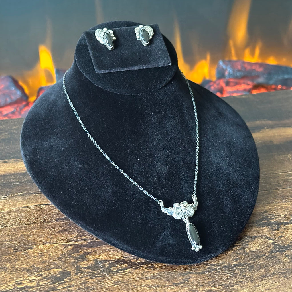 Running Bear Trading Onyx Sterling Leaf Necklace Cuff Earrings Ring Set