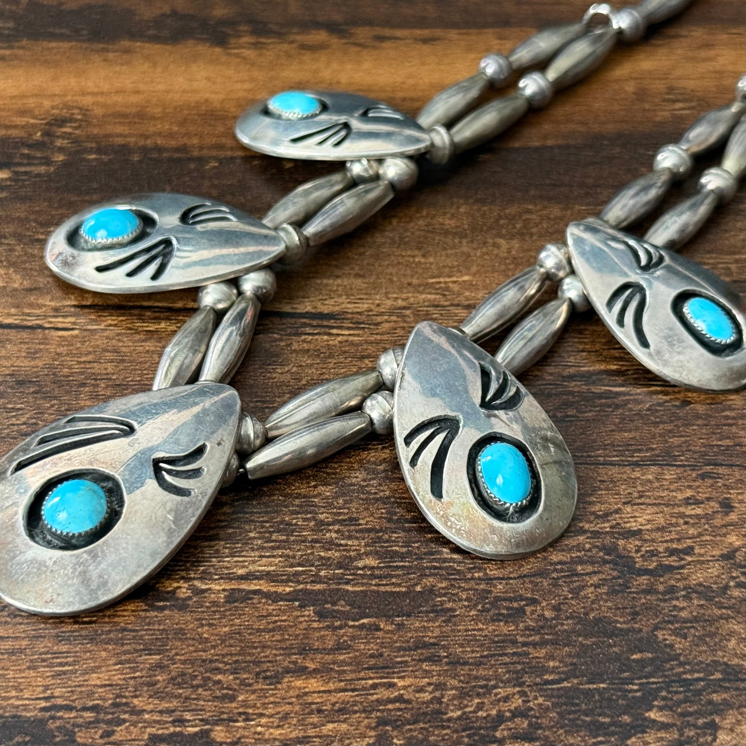 JF-562 Signed Turquoise 5 Stone Sterling Overlay Torpedo Bead Statement Necklace