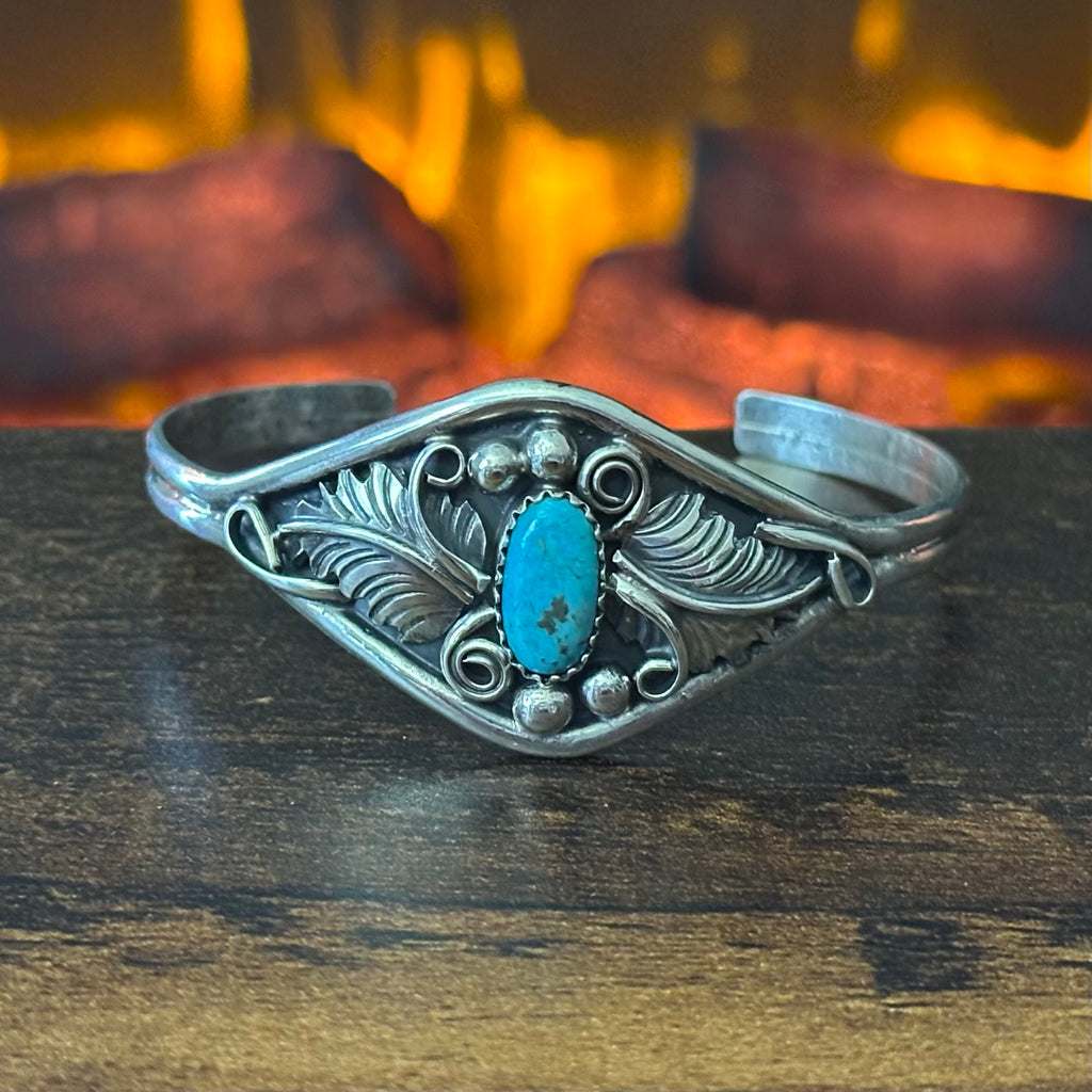 Navajo Harry B Yazzie Turquoise Sterling Feather Ornate Cuff