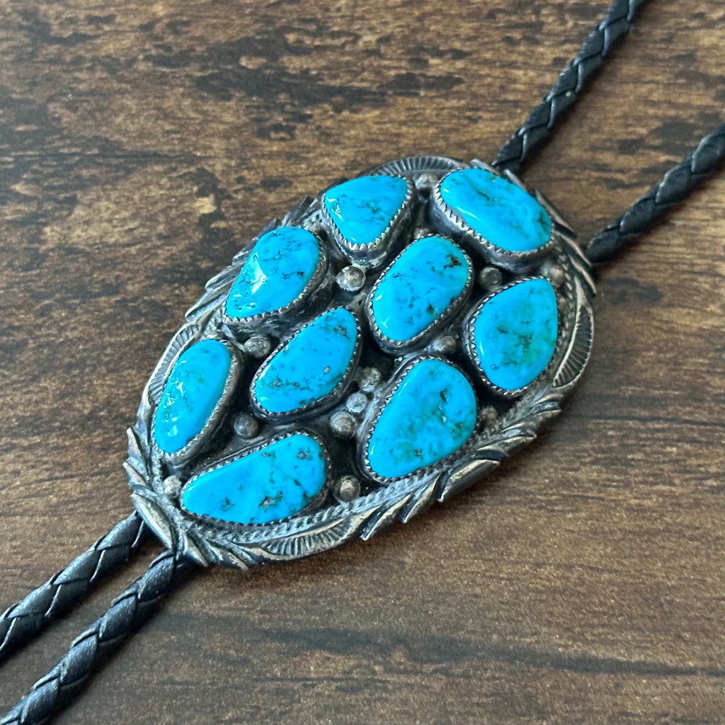 Turquoise Sterling 9 Stone Cluster Hand Stamped Bolo Tie