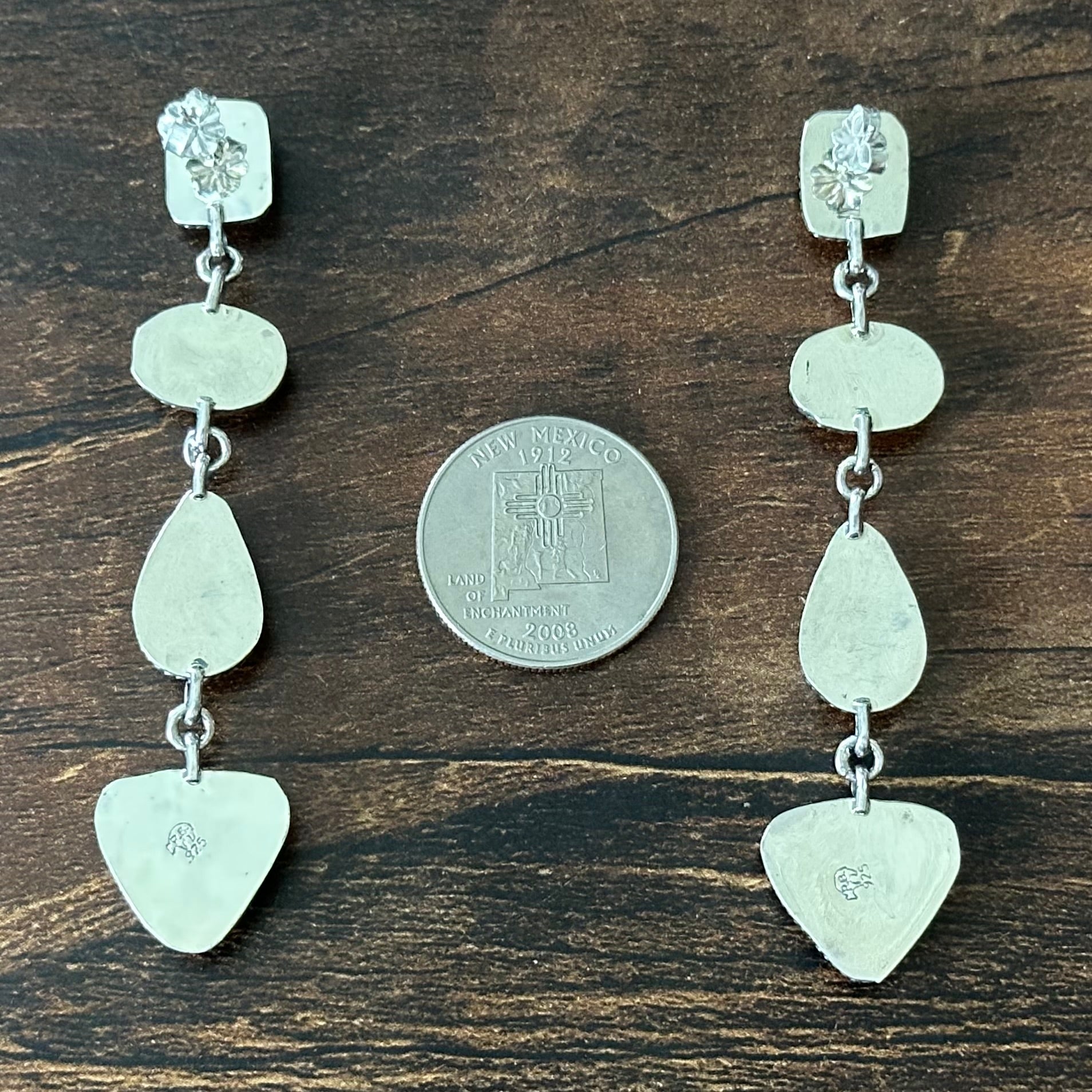 Navajo Jennifer Cayaditto Spiny Oyster 8 Stone Sterling Twist Wire Bezel Dangle Earrings