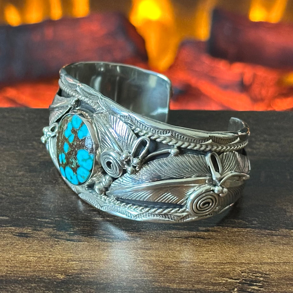 Navajo Darrell Morgan Turquoise Sterling Hand Stamped Ornate Feather Statement Cuff