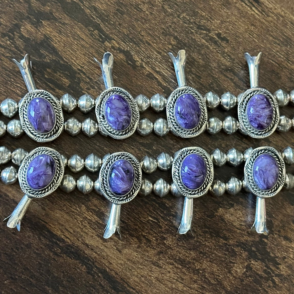 B Francisco Signed Charoite 12 Stone Sterling Squash Blossom Earrings Set