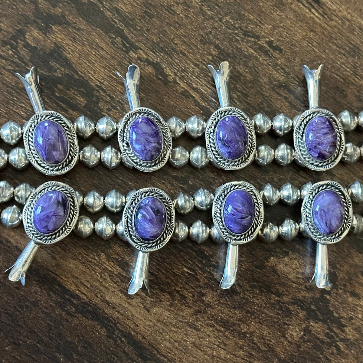 B Francisco Signed Charoite 12 Stone Sterling Squash Blossom Earrings Set