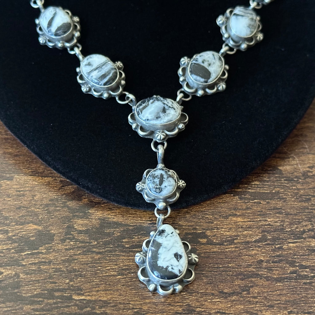 Navajo Robert Martinez White Buffalo 9 Stone Sterling Floral Lariat Necklace Earrings Set
