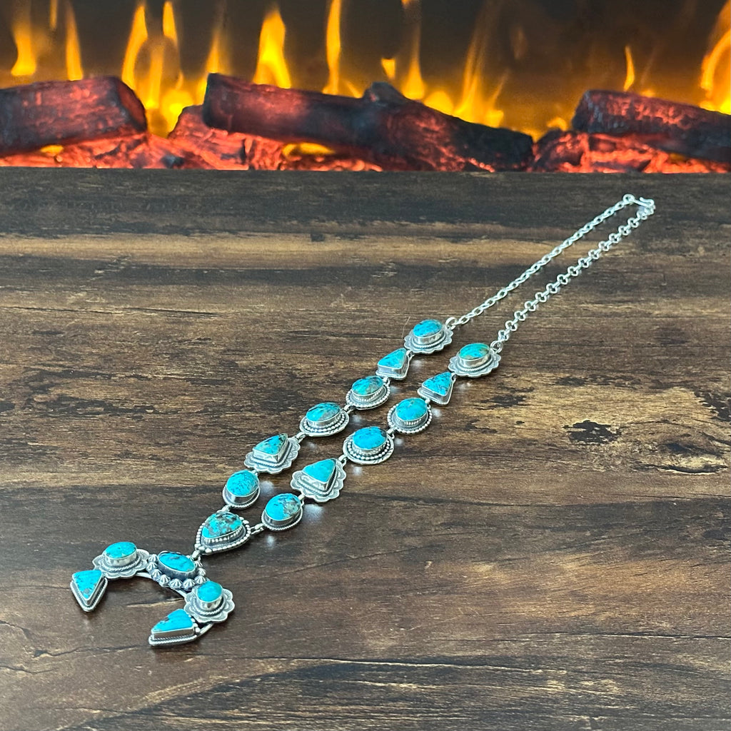 Running Bear Trading Turquoise 18 Stone Sterling Hand Stamped Twist Wire Naja Statement Necklace